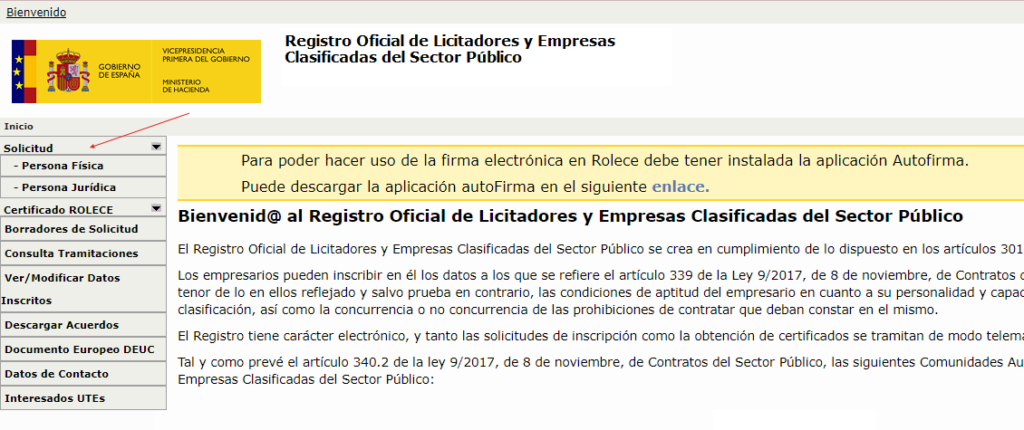 Formulario de inscripción en el ROLECE con los campos de datos de empresa