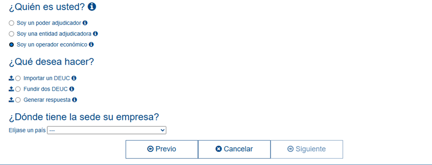 DEUC: Guía completa para rellenarlo 1 Pantalla de inicio del DEUC con la opción Soy un operador económico seleccionada
