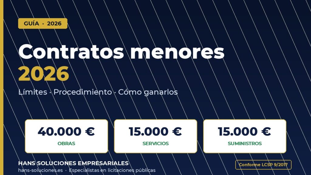 Infografía contratos menores 2026: 40.000€ obras, 15.000€ servicios y suministros según LCSP 9/2017