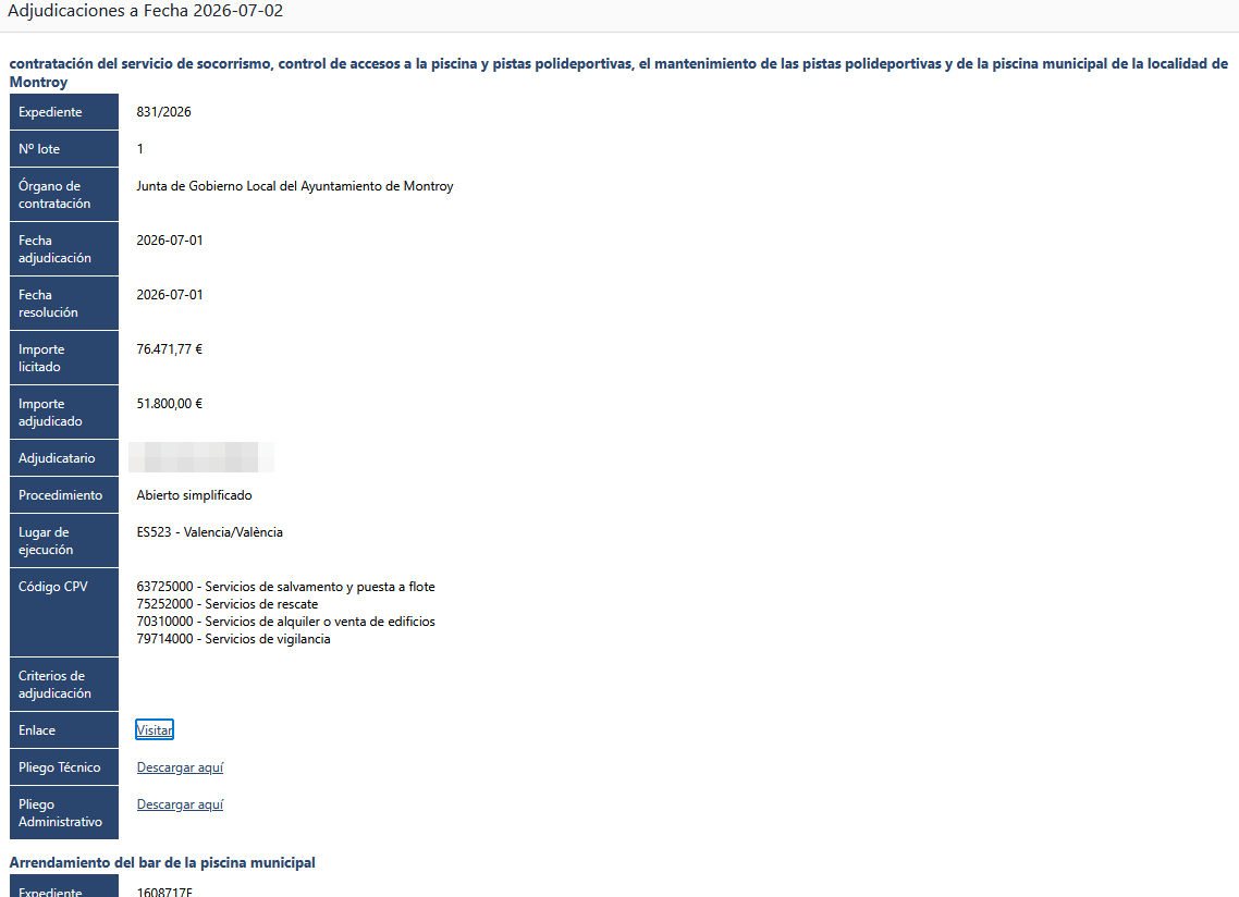 Ejemplo real de email de adjudicaciones con importe licitado, importe adjudicado y procedimiento