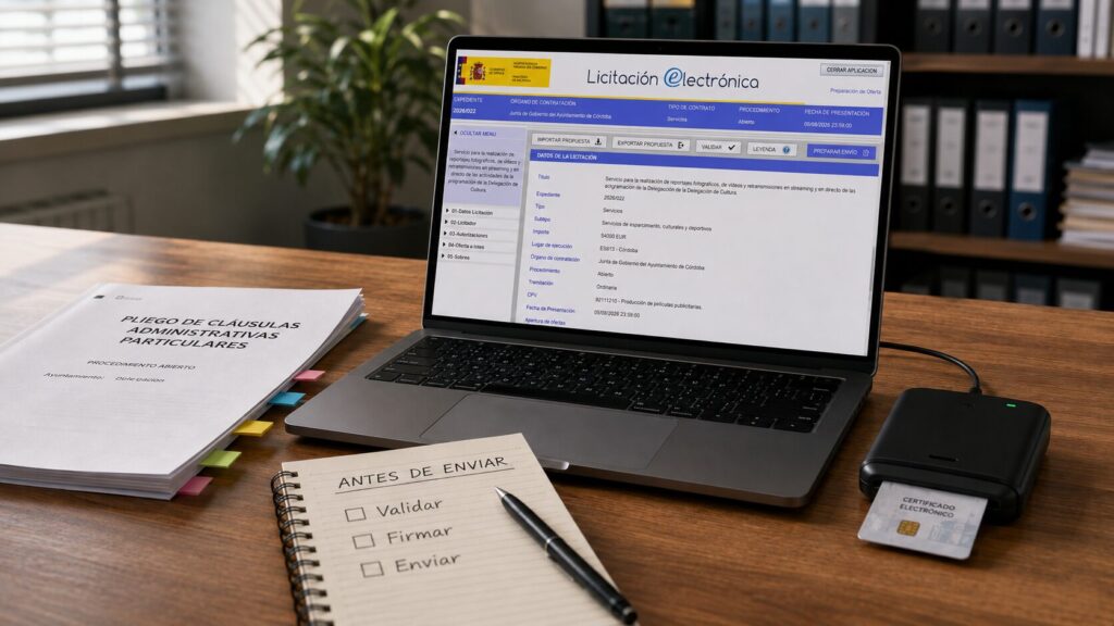 Presentar una oferta en la PLACSP: la Herramienta de Licitación Electrónica abierta en un portátil, junto a un pliego de cláusulas administrativas, un lector de certificado electrónico y una lista con los pasos validar, firmar y enviar