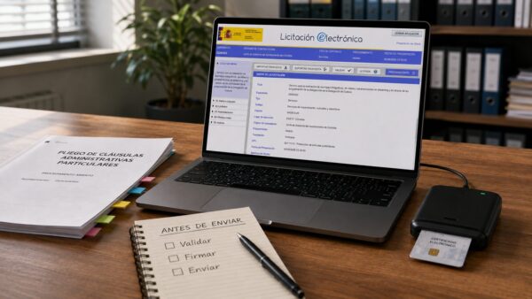 Inicio 33 Presentar una oferta en la PLACSP: la Herramienta de Licitación Electrónica abierta en un portátil, junto a un pliego de cláusulas administrativas, un lector de certificado electrónico y una lista con los pasos validar, firmar y enviar