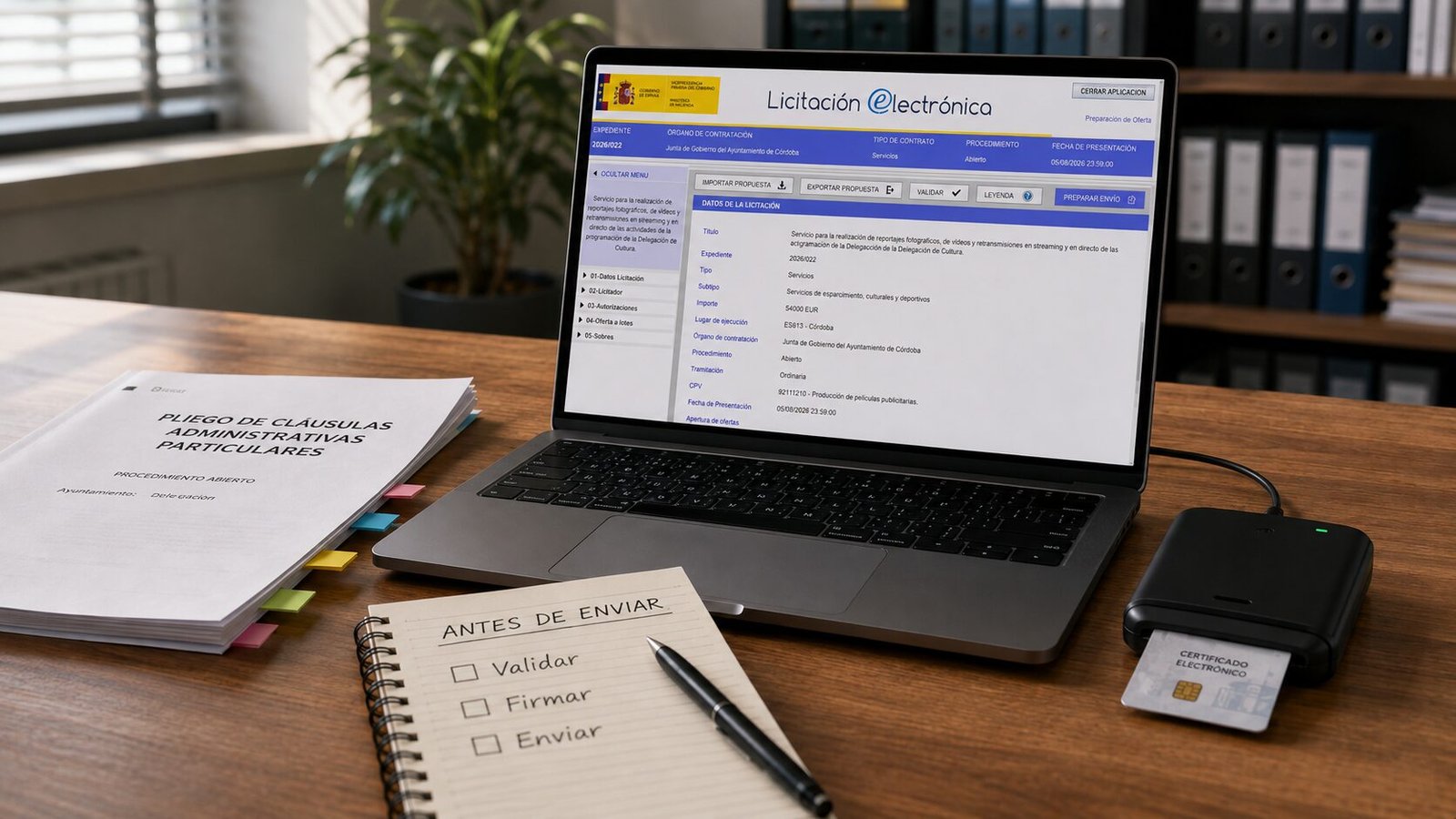 Presentar una oferta en la PLACSP: la Herramienta de Licitación Electrónica abierta en un portátil, junto a un pliego de cláusulas administrativas, un lector de certificado electrónico y una lista con los pasos validar, firmar y enviar