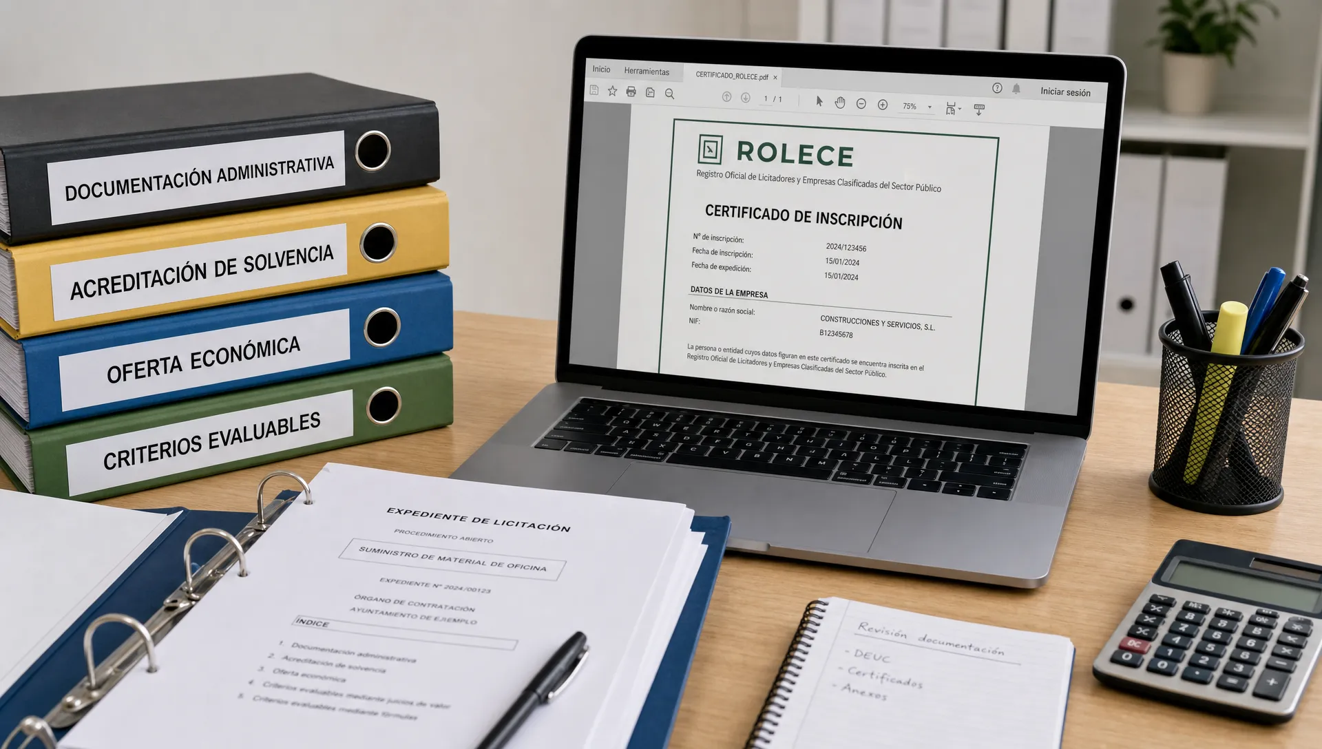 Cómo descargar el certificado ROLECE paso a paso 1 Una mesa de trabajo con un expediente de licitación abierto, un portátil mostrando un documento PDF de certificado ROLECE con la pantalla orientada hacia la cámara y varias carpetas organizadas con etiquetas de documentación administrativa.